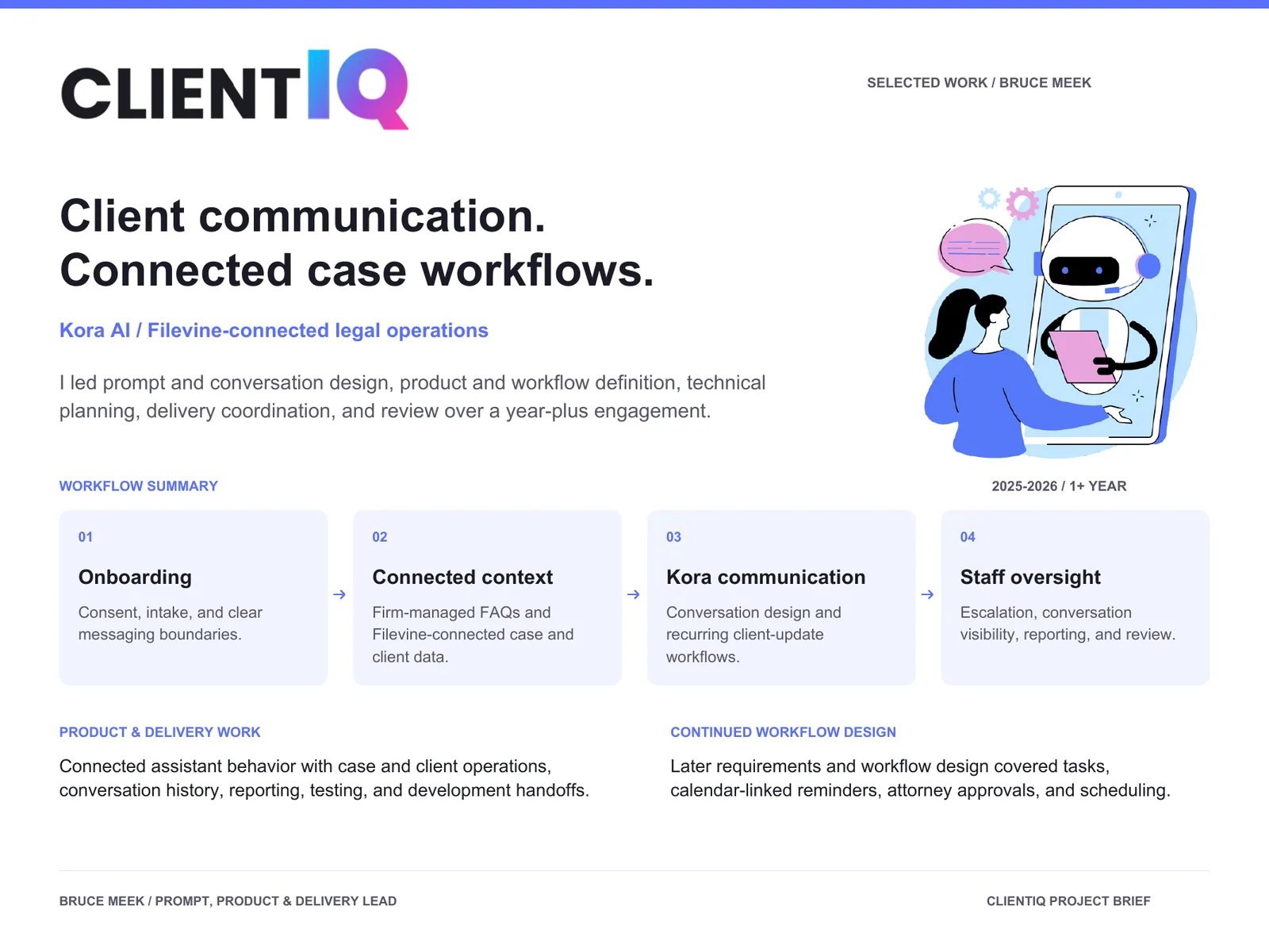 ClientIQ project brief summarizing onboarding, case context, Kora communication and staff oversight