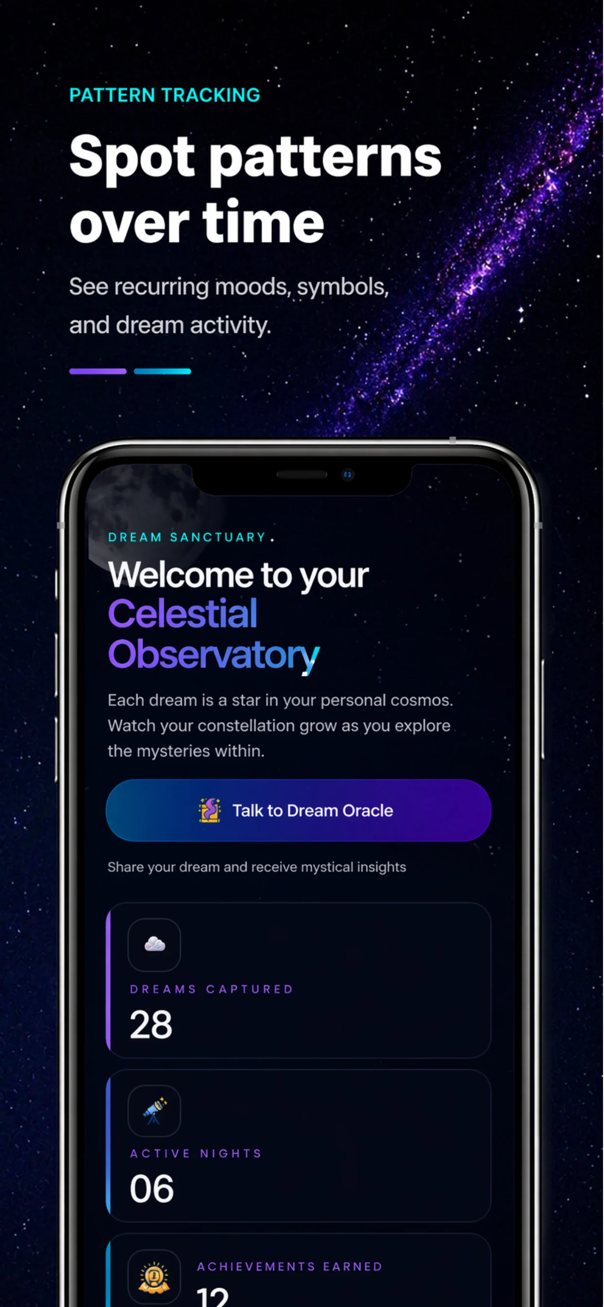 Dream Oracle dashboard showing the private journaling experience