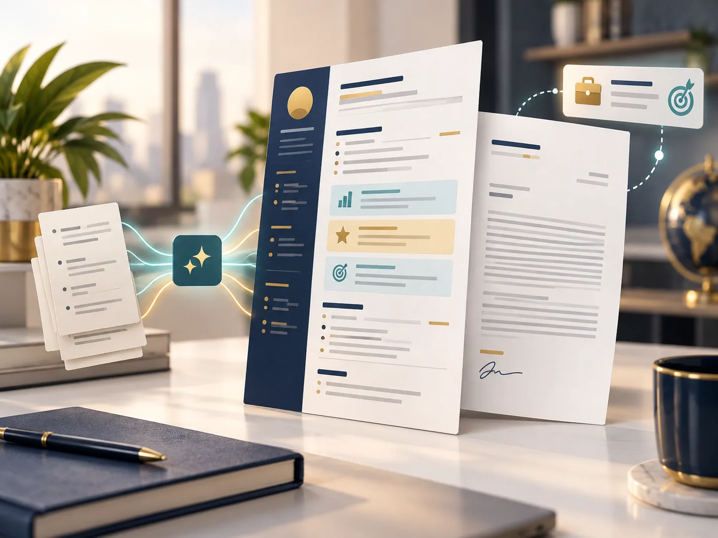 Illustration of background information becoming a tailored resume and cover letter