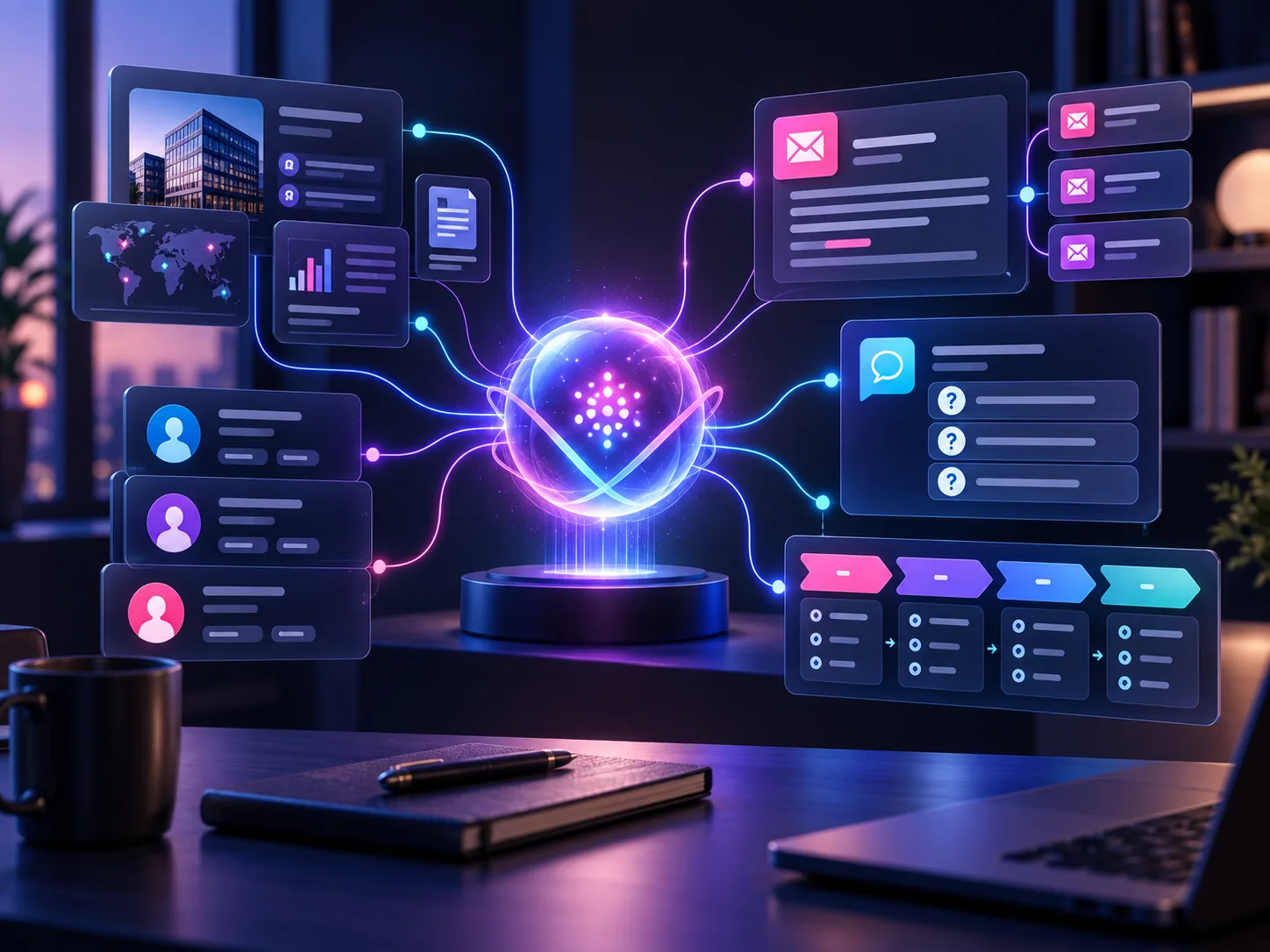 Illustration connecting business research, sales conversations and assistant workflows